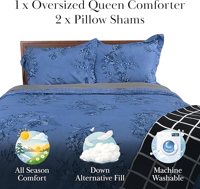 Southshore Fine Living, Inc. Comforter Full Size Set, Down Alternative Floral Comforter with Matching Shams, Reversible Print is 2 Colors in 1, Fits Full & Queen Beds, Blue & White