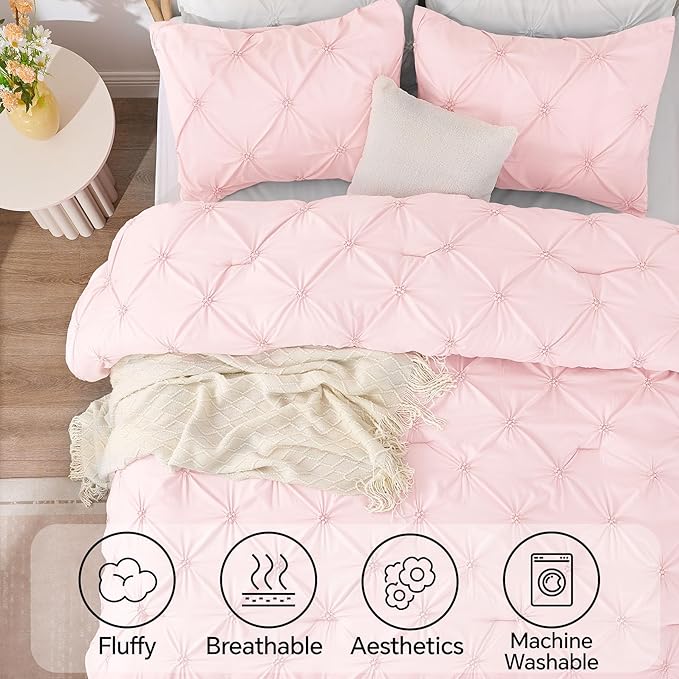 BEDELITE Baby Pink Twin Comforter Set - 2 Peices Boho Pintuck Bedding Comforter Sets, Lightweight Soft & Warm Twin Bedding Sets with 1 Pillowcase for All Season
