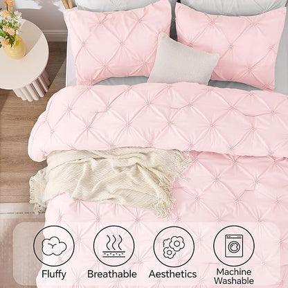BEDELITE Baby Pink Twin Comforter Set - 2 Peices Boho Pintuck Bedding Comforter Sets, Lightweight Soft & Warm Twin Bedding Sets with 1 Pillowcase for All Season