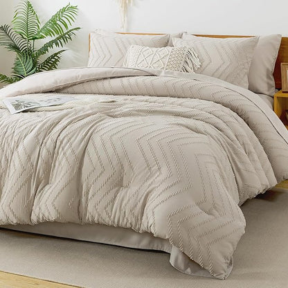 Litanika Queen Comforter Set with Sheets Beige - 7 Pieces Bed in a Bag Queen Chevron Tufted Complete Bedding Sets with Comforter, Sheets, Pillowcases & Shams