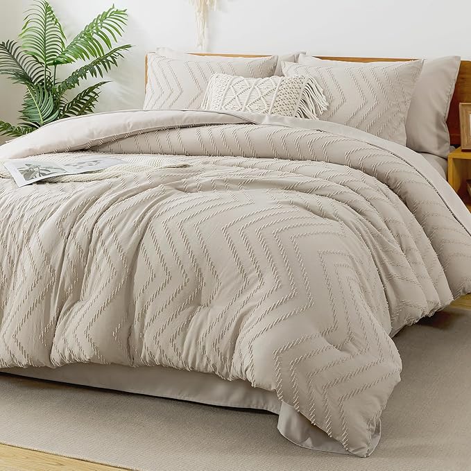 Litanika Oversized King Comforter Set with Sheets 120x120, 7 Pieces Super King Bed in a Bag Boho Tufted Bedding Comforter Sets Oatmeal