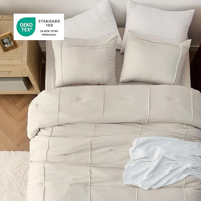 Bedsure Twin Comforter Set - 3 Pieces Grid Pleat Bed Set, Beige Boho Bedding for All Season, 1 Soft Comforter, 1 Pillowcase, 1 Decorative Pillow