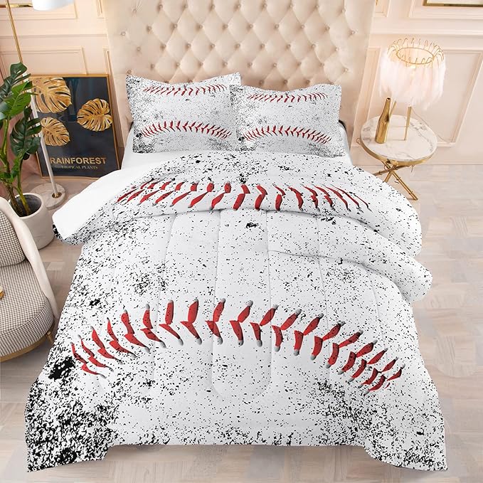 NINENINE Baseball Comforter Set, Full Size, Sports Bedding, White Comforter Set with 1 Comforter 2 Pillowcases