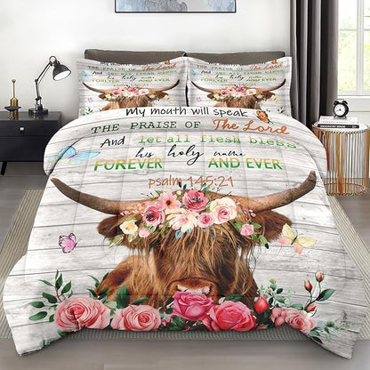 Comforter Set Twin Size, Highland Cow Animal 2 Pcs Soft Bedding Set for Kids and Adults, Spring Farm Wood Flowers Comforter Set with Pillowcase, for Bedroom Bed Decor