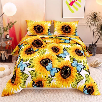 6 Pieces Sunflower Comforter Sets,3D Pattern with Sunflower Blue Butterflies,Decorative 6 Piece Bedding Sets with Comforter,Flat Sheet,Fitted Sheet,Throw Pillow Cover,Pillow Shams,Twin Size