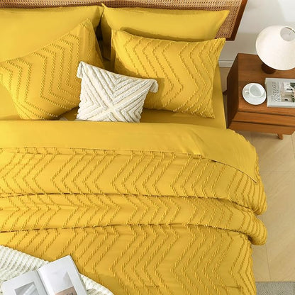 Litanika Queen Size Comforter Set with Sheets Mustard Yellow - 7 Pieces Bed in a Bag Queen Chevron Tufted Complete Bedding Sets with Comforter, Sheets, Pillowcases & Shams