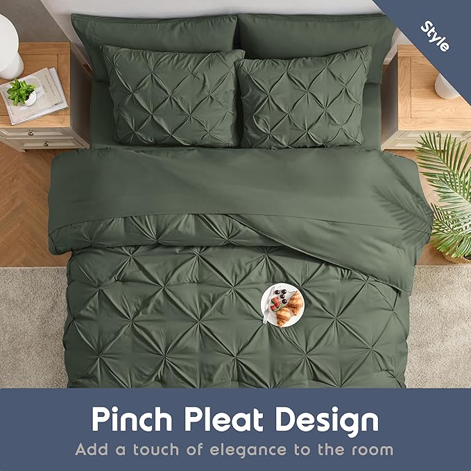 Nestl California King Comforter Set 7 Piece - Pintuck Cal King Comforter Set Olive Green, California King Bed in a Bag, All Season Bed Set with Flat Sheet and Fitted Sheet, Pillowcases and Shams