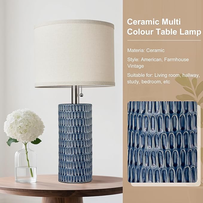 20.5" Modern Ceramic Table Lamps for Bedroom Set of 2, Bedside Lamps for Night Stands with Beige Lampshade, Farmhouse Table Lamp for Living Room Office Dorm, Blue