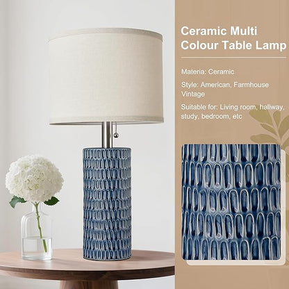 20.5" Modern Ceramic Table Lamps for Bedroom Set of 2, Bedside Lamps for Night Stands with Beige Lampshade, Farmhouse Table Lamp for Living Room Office Dorm, Blue