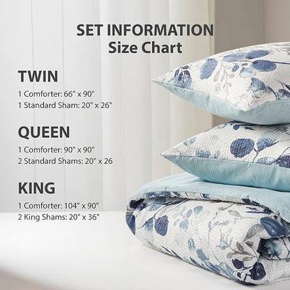 Lightweight Seersucker Botanical Queen Size Comforter Set, 3 Pieces Reversible Design Bed Comforter, Premium Microfiber Bedding Set, Comforter and Shams Set, Blue