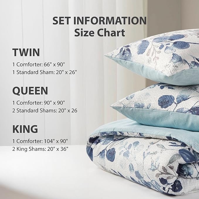 Lightweight Seersucker Botanical Twin Size Comforter Set, 2 Pieces Reversible Design Bed Comforter, Premium Microfiber Bedding Set, Comforter and Sham Set, Blue