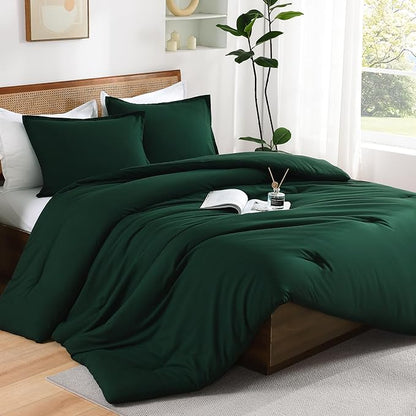 Andency Dark Emerald Green Oversized Queen Size Comforter Set, 3 Pieces Forest Hunter Green Boho Solid Bedding Sets, Soft Cozy Lightweight All Season Bed Set