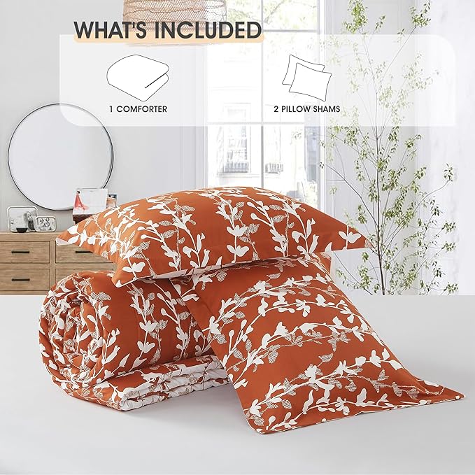 Terracotta Comforter Set, Full Size, Vivid Leaves Branch 3 Pieces Bedding Set, Soft Polyester Microfiber Print, All Seasons, 1 Lightweight Comforter and 2 Pillow Shams
