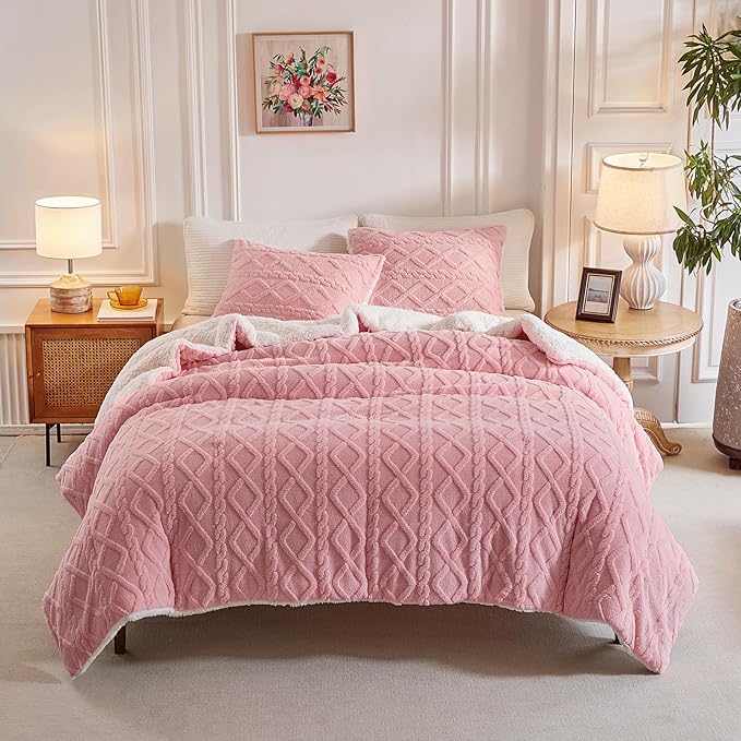 Joyreap 3-Piece Fluffy Faux Fur Sherpa Comforter Set Pink, King Size Luxury Tufted Bedding Comforter Set, All Season Soft n Cozy Plush Comforter Bed Set- 100x88 inches