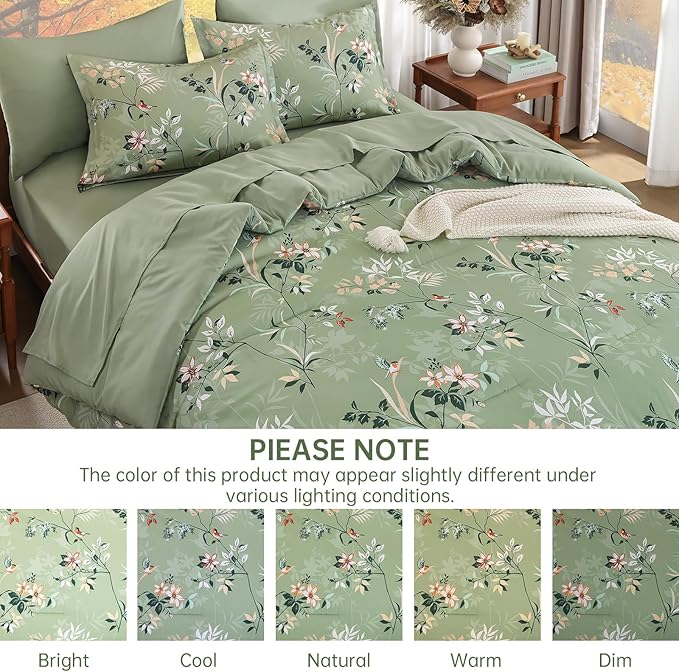Green Queen Comforter Size Set, 7 Pieces Floral Bed in a Bag Bedding Sets, Lightweight Soft Comforter and Sheet Set, All Season Microfiber Flower Bedding Sets