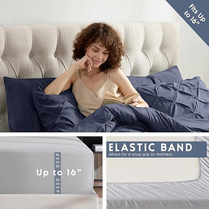 Nestl 7 Piece Comforter Set - Pinch Pleated Bedding, All Season Full Size Bed Set with Sheets, Comforter, Pillowcases and Shams in Navy