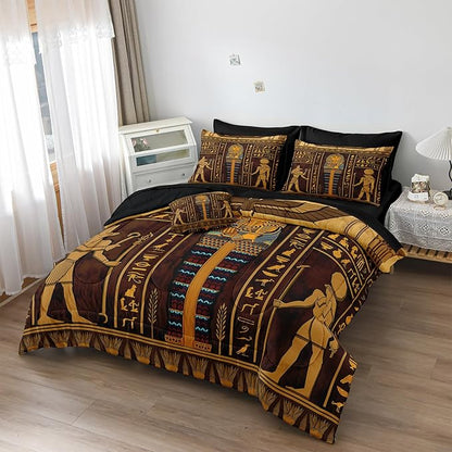 Ancient Egypt Comforter Set Black Gold Bedding Set Pharaoh Tribal Retro Comforter Egypt Cultural Theme Bedroom Decor Boho Exotic Vintage Bedding King Bed in A Bag