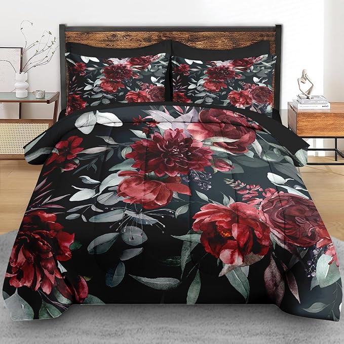 Comforter Set King Size, Floral Green Leaves 7 Pcs Bedding for Kids and Adults, Burgundy Maroon Pink Bed Sheet Sets with Fitted Sheet 2 Pillowcases & 2 Shams for Bedroom Bed Decor