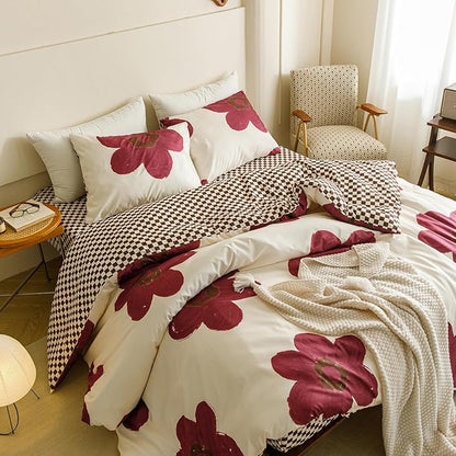 CLOTHKNOW Burgundy Sunflower Queen Comforter Set Floral Bedding Comforter Sets Brown Grid Queen Comforter Boho Comforter with 2 x Pillowcases