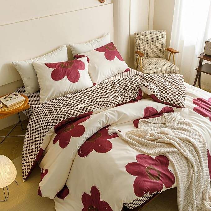 Cottonight Burgundy Sunflower Comforter Set - Wine Red King Size for Women and Girls - Dark Red Floral Bedding With Big Botanical Flowers - Cute Chic Soft Breathable Blanket Quilt