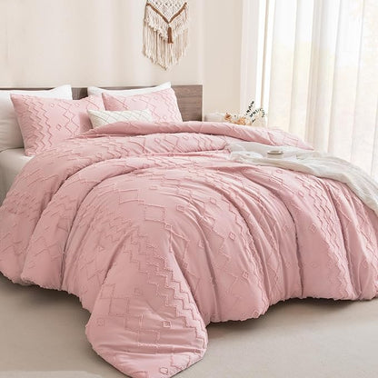Andency Pink Tufted Comforter Set Queen(90x90Inch), 3 Pieces(1 Boho Comforter, 2 Pillowcases) Textured Farmhouse, Soft Microfiber Down Alternative Geometric Bedding Set
