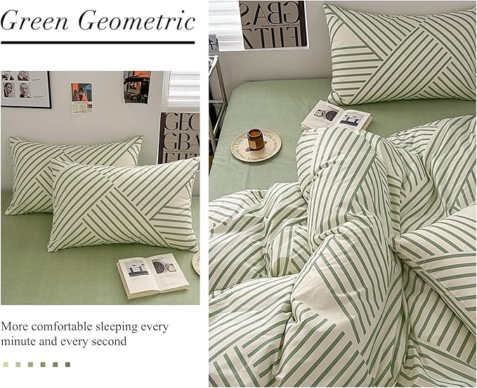 VM VOUGEMARKET Striped Comforter Set Full,Instagram Style Geometric Quilt with 2 Pillowcases Modern Fashion Comforter Set for Teens-Green White Stripes