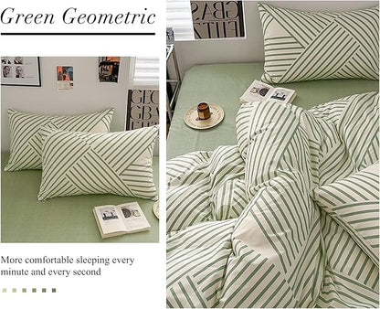 VM VOUGEMARKET Striped Comforter Set Full,Instagram Style Geometric Quilt with 2 Pillowcases Modern Fashion Comforter Set for Teens-Green White Stripes