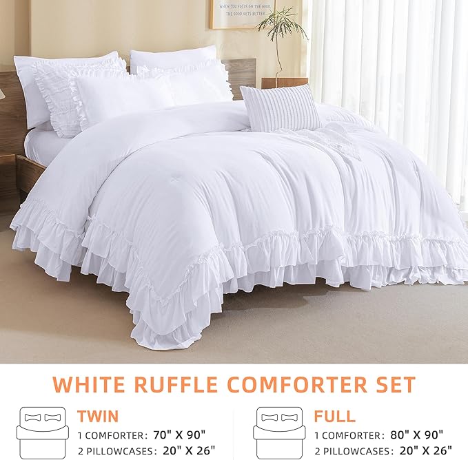 QSH White Ruffled Comforter Twin Size,3PCs Farmhouse Shabby Boho Chic White Bedding Comforter Twin Vintage Lightweight Fluffy Microfiber Bedding Set