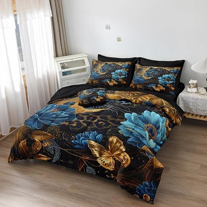 Black Gold Comforter Set Leopard Animal Bedding Set Blue Floral Brown Leopard Print Black and Blue Comforter Forest Theme Vintage Retro Black Bed in A Bag Queen
