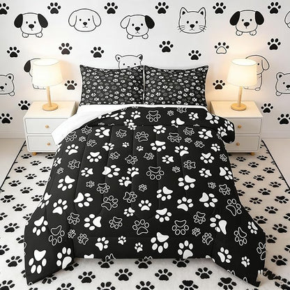 Manfei Dog Paw Print Comforter Set Queen Size, Black and White Animal Footprint Bedding Set for Kids Boys Girls Room Decor, Animal Theme Down Comforter, Soft Polyester Quilt Set,2 Pillowcases