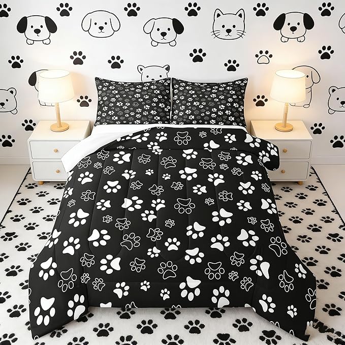 Manfei Dog Paw Print Comforter Set King Size, Black and White Animal Footprint Bedding Set for Kids Boys Girls Room Decor, Animal Theme Down Comforter, Soft Polyester Quilt Set,2 Pillowcases