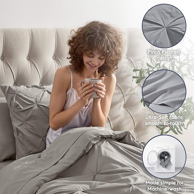 Nestl Twin XL Comforter Set 5 Piece - Pintuck Twin XL Bedding Set Linen, College Dorm Room Essentials Bed in a Bag, Twin XL Comforter Set for College Girls and Boys with Sheets, Pillowcase and Sham