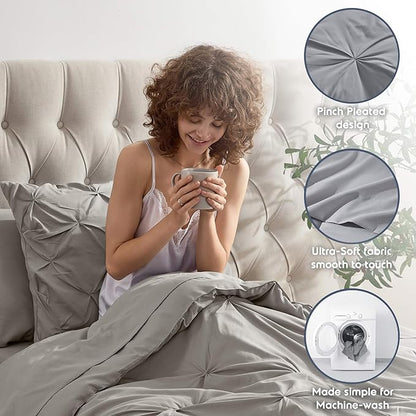 Nestl Twin XL Comforter Set 5 Piece - Pintuck Twin XL Bedding Set Linen, College Dorm Room Essentials Bed in a Bag, Twin XL Comforter Set for College Girls and Boys with Sheets, Pillowcase and Sham