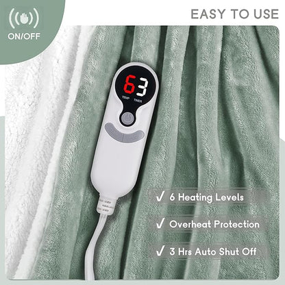 Heated Blanket Electric Throw Size 50''x60'' with 9 Heating Levels, 1-10 Hour Auto Shut Off, Machine Washable, Flannel & Sherpa Double-Sided Soft Warming Blanket for Couch, Bed, Office - Light Green