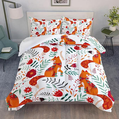 Cartoon Fox Comforter Set 3-Pieces Cute Fox Bedding Set Plants Leaves Printed Quilt Set for Kids Boys Girls with 2 Pillowcases Queen