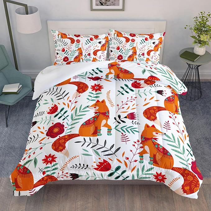 Cartoon Fox Comforter Set 3-Pieces Cute Fox Bedding Set Plants Leaves Printed Quilt Set for Kids Boys Girls with 2 Pillowcases Full
