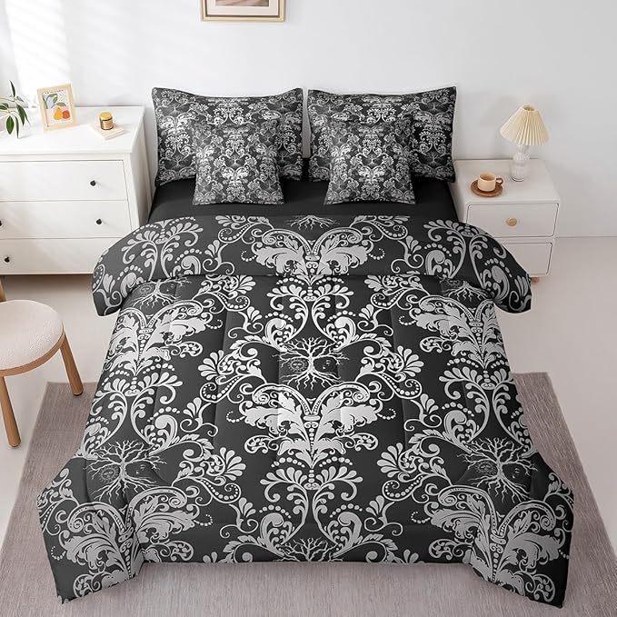 Erosebridal Gothic Damask Bed in a Bag King Size Comforter Set 7 Pieces,Sun Moon Tree of Life Bedding Sets Black White Victorian Floral Goth Sheet Set with Comforter