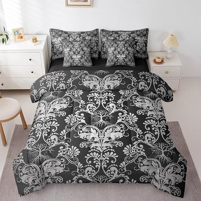 Erosebridal Gothic Damask Bed in a Bag King Size Comforter Set 7 Pieces,Sun Moon Tree of Life Bedding Sets Black White Victorian Floral Goth Sheet Set with Comforter