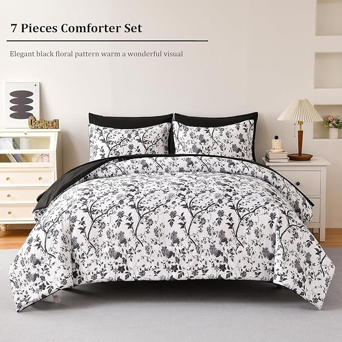 King Size Comforter Set - 7 Pieces Bed in a Bag Soft Microfiber Bedding Comforter Set Leaves Floral Pattern on White Comforter Sets with Sheets for All Seasons (King, Black)