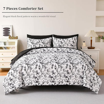 Comforter Set for Queen Bed -7 Pieces Bed in a Bag Soft Microfiber Bed Set Black Leaves Floral Pattern on White Spring Queen Comforter Sets with Sheets for All Seasons (Queen, Black)