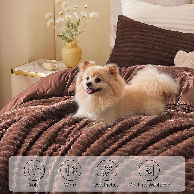 BEDELITE Fleece Queen Comforter Set -Super Soft & Warm Fluffy Hot Chotolate Bedding, Luxury Fuzzy Heavy Bed Set for Winter with 2 Pillow Cases