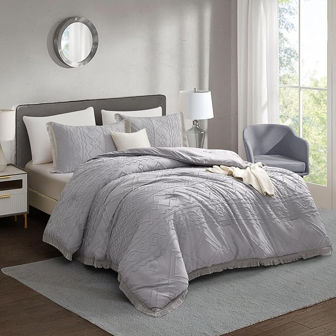 Boho King Size Comforter Set Grey 3 Pieces Tufted Tassel King Comforter Set Prime Lightweight Down Comforter King Size Gray Shabby Chic Boho Bedding Farmhouse Fluffy Comforter Bed Set Gift Choice