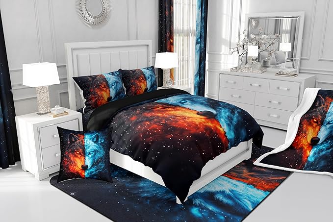 Wolf Ice Fire Comforter King for Kids Adults Youth,Wildlife Galaxy Exotic Wolf Quilt Comforter Room DecorShining Sky Mystery Universe Quilted Duvet Duvet Insert,2 Pillowcases