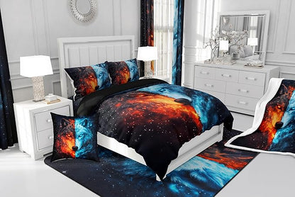 Wolf Ice Fire Comforter Toddler for Kids Adults Youth,Wildlife Galaxy Exotic Wolf Quilt Comforter Room DecorShining Sky Mystery Universe Quilted Duvet Duvet Insert,1 Pillowcase