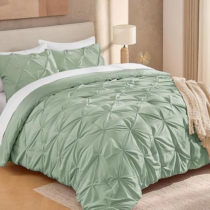 Andency Sage Green Comforter Queen Size, 3 Pieces Western Cute Pintuck Bedding Comforters & Sets for Queen Bed, All Season Solid Lightweight Soft Down Alternative Pinch Pleat Bed Set