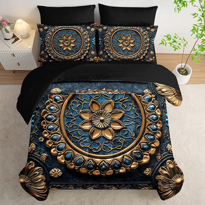 7 Piece Bed in A Bag Black and Gold Mandala Comforter Set Queen Size，Mandala Bedding Set Queen，(1 Comforter, 1 Flat Sheet, 1 Fitted Sheet, 2 Pillowcase and 2 Pillow Sham)