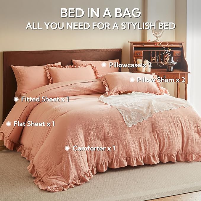 MR&HM King Size Comforter Set Coral Pink, Comforter Set 7 Pieces for Girls Women, Shabby Chic Vintage Cottagecore Bed Sets Elegance Boho Bed in a Bag, Ultra-Soft & Fluffy Comforter for All Season