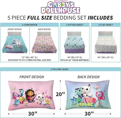 DreamWorks Gabby's Dollhouse Cakey, MerCat And Pandy Kids Bedding Super Soft Comforter And Sheet Set, 5 Piece Full Size, By Franco.