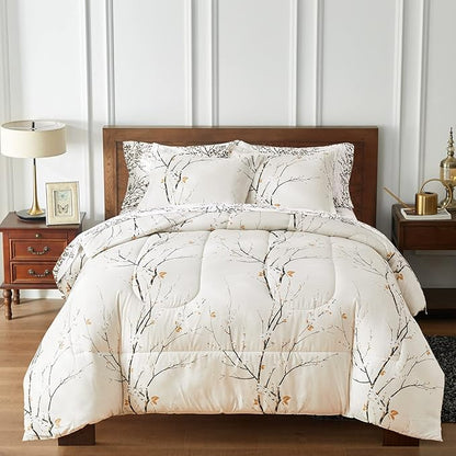 Cream White Bed in a Bag Queen 7 pc Branch Style All Season Soft Microfiber Reversible Bed Comforter Set (1 Comforter 2 Pillow Shams 1 Flat Sheet 1 Fitted Sheet 2 Pillowcases)