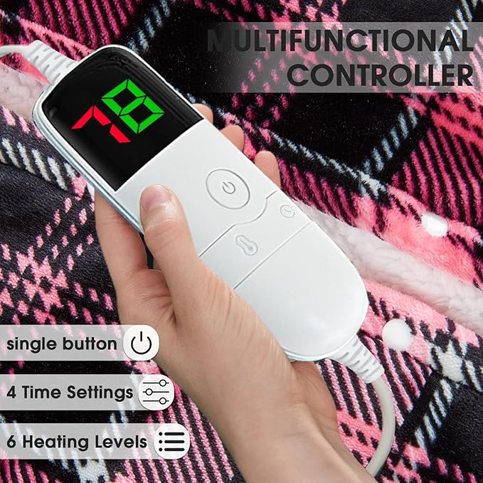 Pink Heated Blanket Electric, Queen Size 84X90, 10 Heat Levels/8 Hours Auto Off/Dual Control for Bed, Blue Plaid Checkered Sherpa Blanket Warmer for Adult, Washable Gift